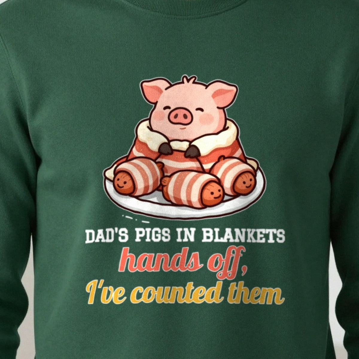 Personalised Pigs In Blankets Christmas Jumper & T-Shirt print close-up, our photo