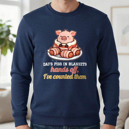 Personalised Pigs In Blankets Christmas Jumper & T-Shirt Sweatshirt in Navy, worn, our photo