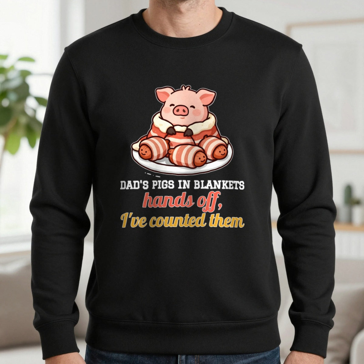 Personalised Pigs In Blankets Christmas Jumper & T-Shirt Sweatshirt in Black, worn, our photo