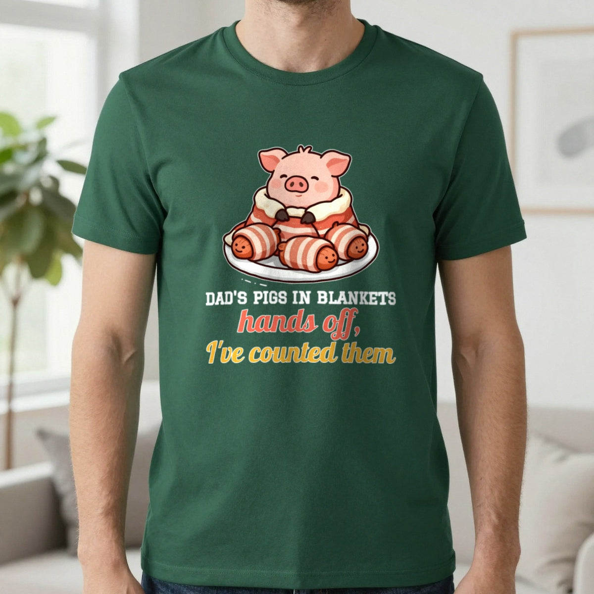 Personalised Pigs In Blankets Christmas Jumper & T-Shirt T-Shirt in Forest Green, worn, our photo