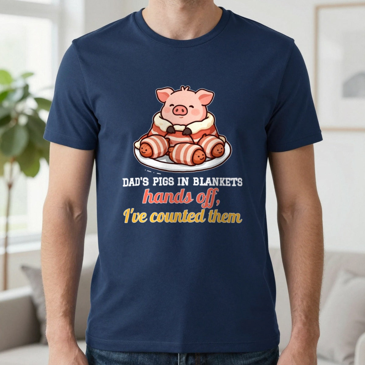 Personalised Pigs In Blankets Christmas Jumper & T-Shirt T-Shirt in Navy, worn, our photo