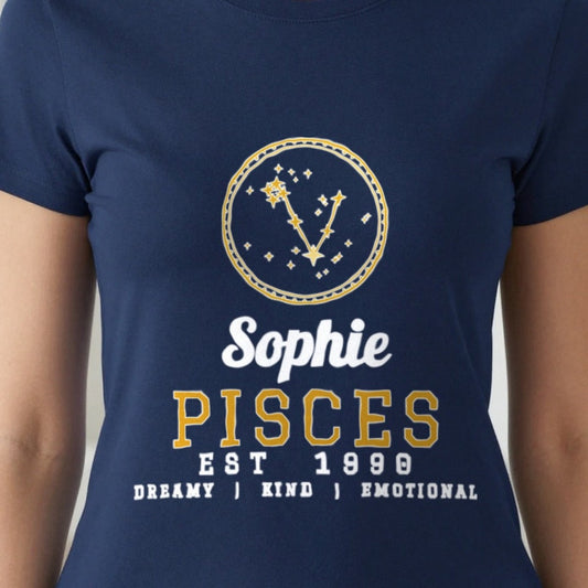 Personalised Pisces T-Shirt & Sweatshirt print close-up, our photo
