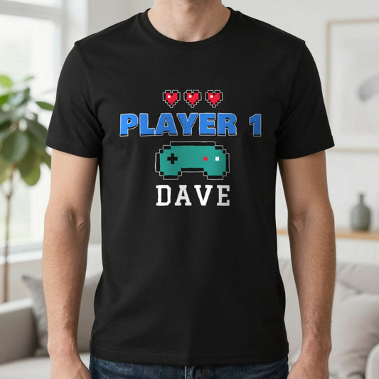 Personalised Player 1 T-Shirt & Sweatshirt T-Shirt in Black, worn, our photo