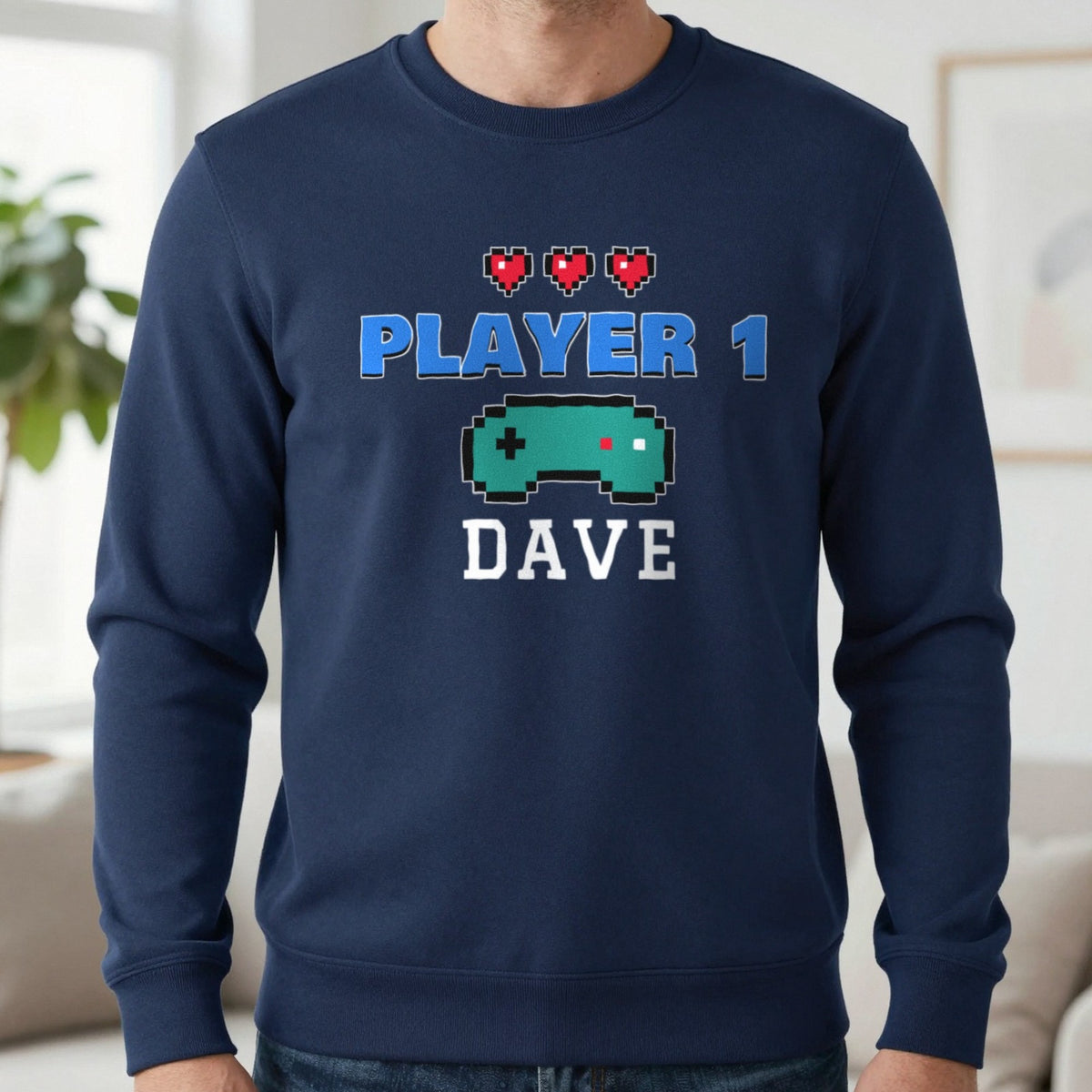 Personalised Player 1 T-Shirt & Sweatshirt Sweatshirt in Navy, worn, our photo