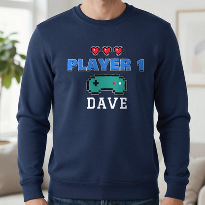 Personalised Player 1 T-Shirt & Sweatshirt Sweatshirt in Navy, worn, our photo
