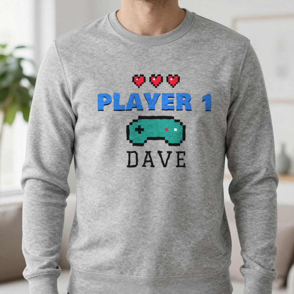 Personalised Player 1 T-Shirt & Sweatshirt Sweatshirt in Sport Grey, worn, our photo