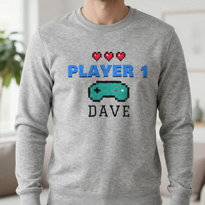 Personalised Player 1 T-Shirt & Sweatshirt Sweatshirt in Sport Grey, worn, our photo