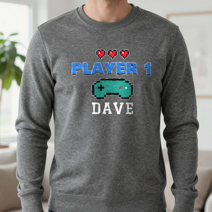 Personalised Player 1 T-Shirt & Sweatshirt Sweatshirt in Charcoal, worn, our photo