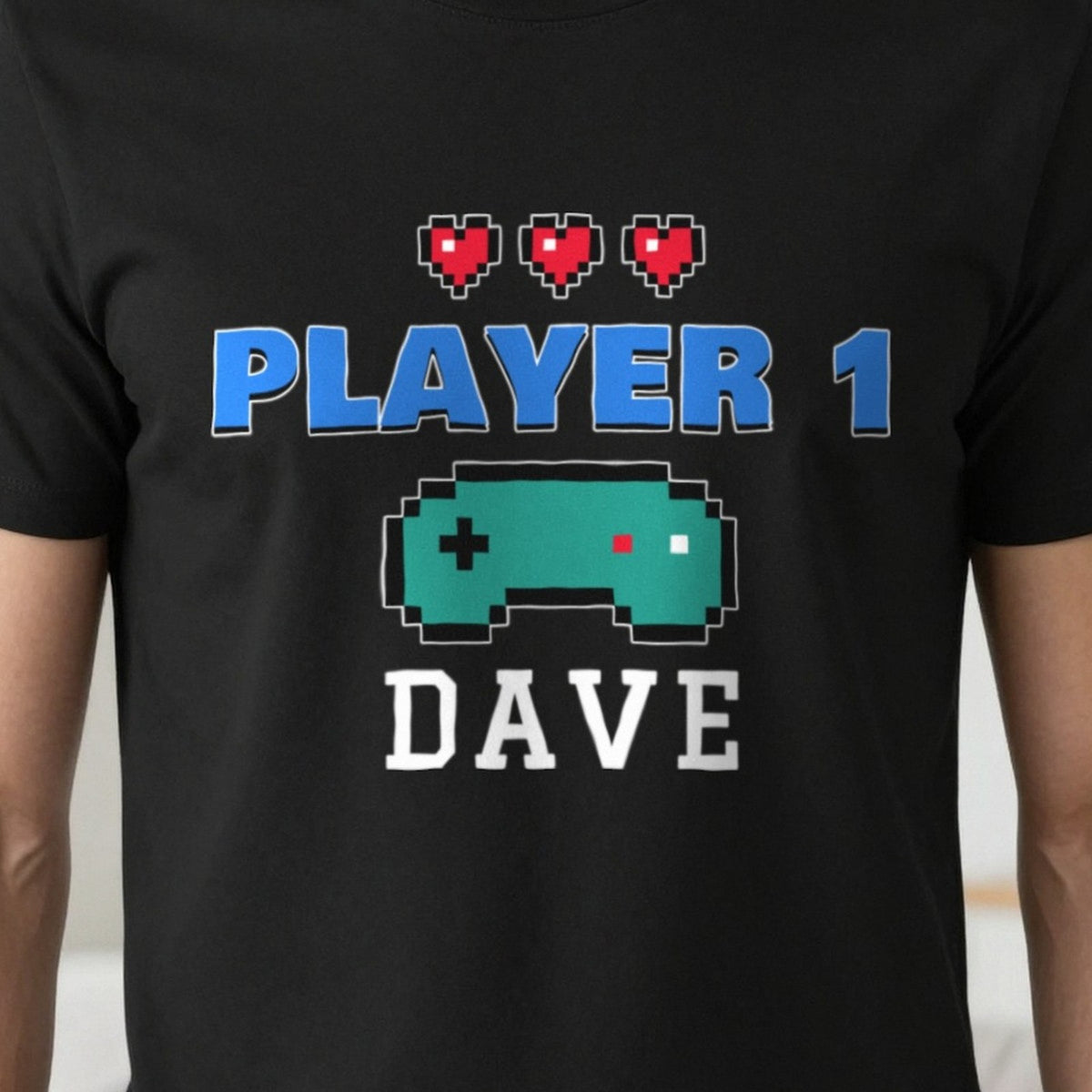Personalised Player 1 T-Shirt & Sweatshirt print close-up, our photo