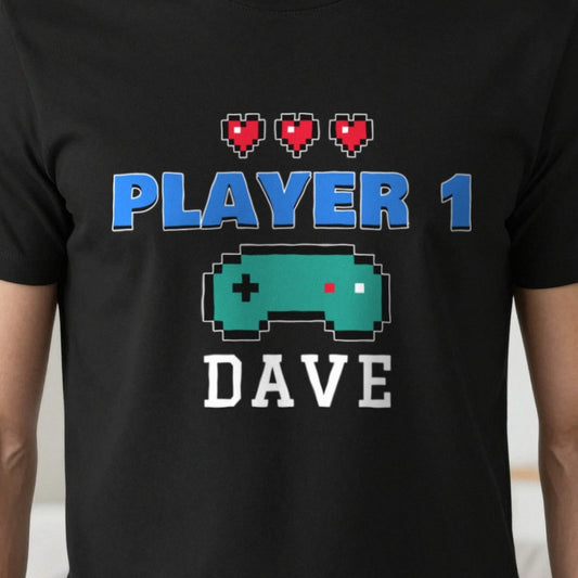 Personalised Player 1 T-Shirt & Sweatshirt print close-up, our photo