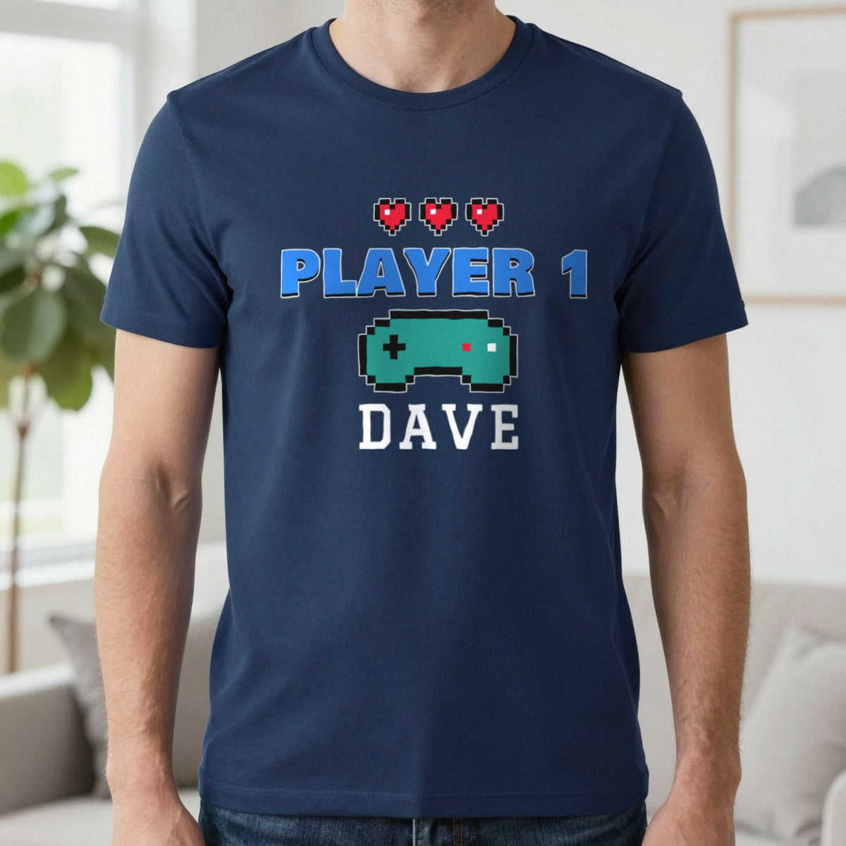 Personalised Player 1 T-Shirt & Sweatshirt T-Shirt in Navy, worn, our photo