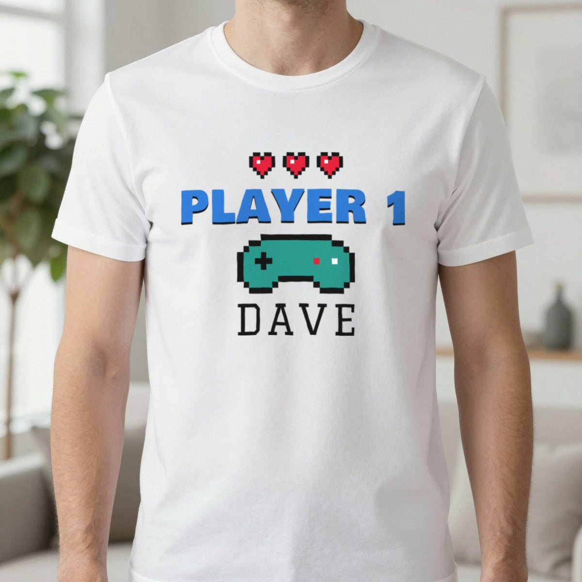 Personalised Player 1 T-Shirt & Sweatshirt T-Shirt in White, worn, our photo