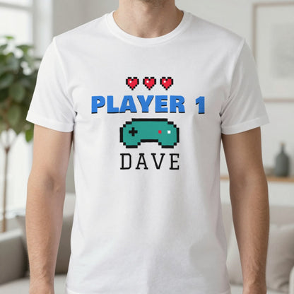 Personalised Player 1 T-Shirt & Sweatshirt T-Shirt in White, worn, our photo