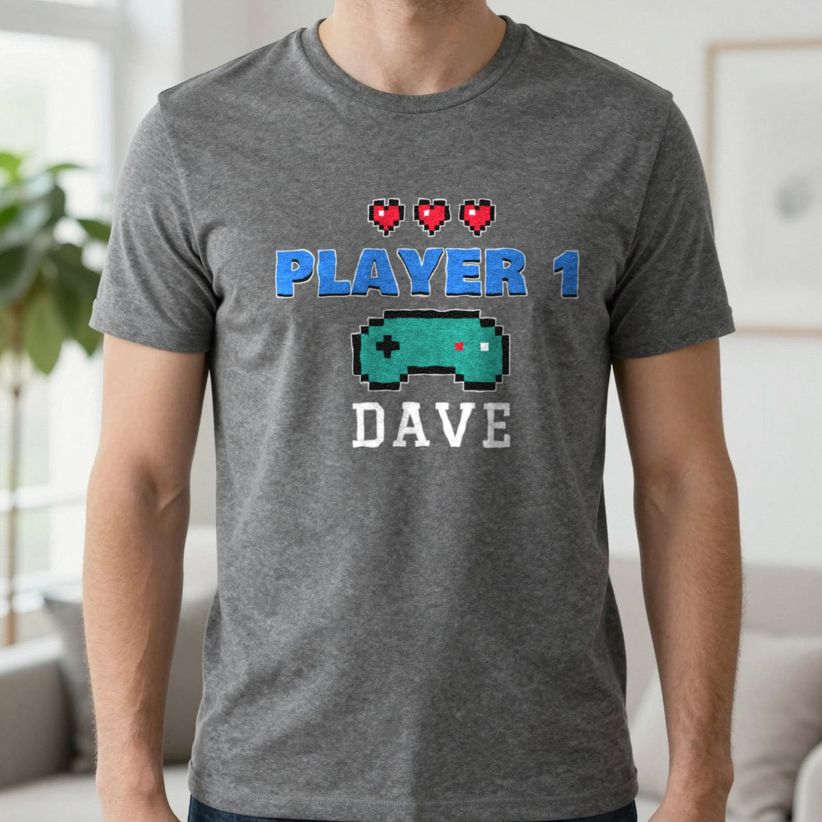 Personalised Player 1 T-Shirt & Sweatshirt T-Shirt in Charcoal, worn, our photo