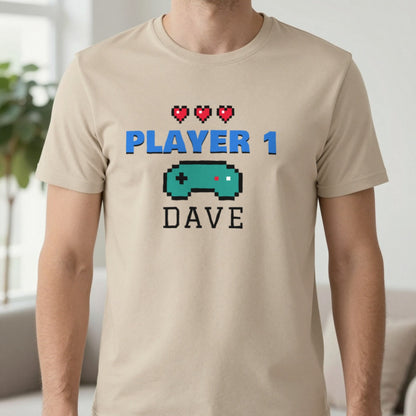 Personalised Player 1 T-Shirt & Sweatshirt T-Shirt in Sand, worn, our photo