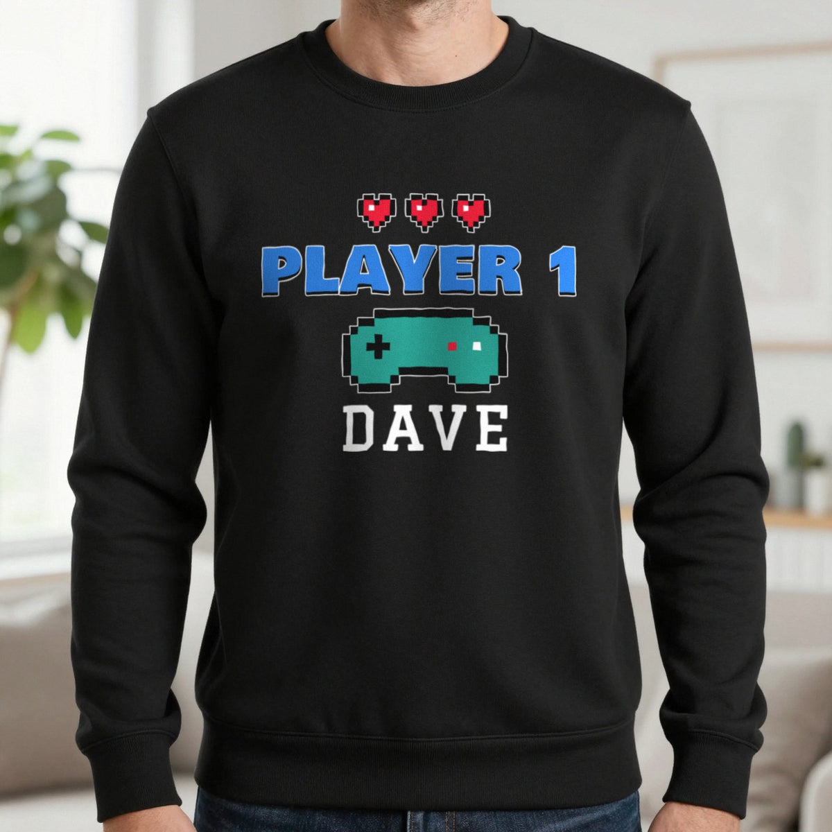 Personalised Player 1 T-Shirt & Sweatshirt Sweatshirt in Black, worn, our photo