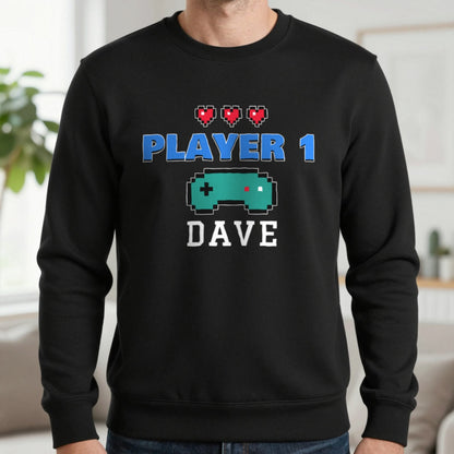 Personalised Player 1 T-Shirt & Sweatshirt Sweatshirt in Black, worn, our photo