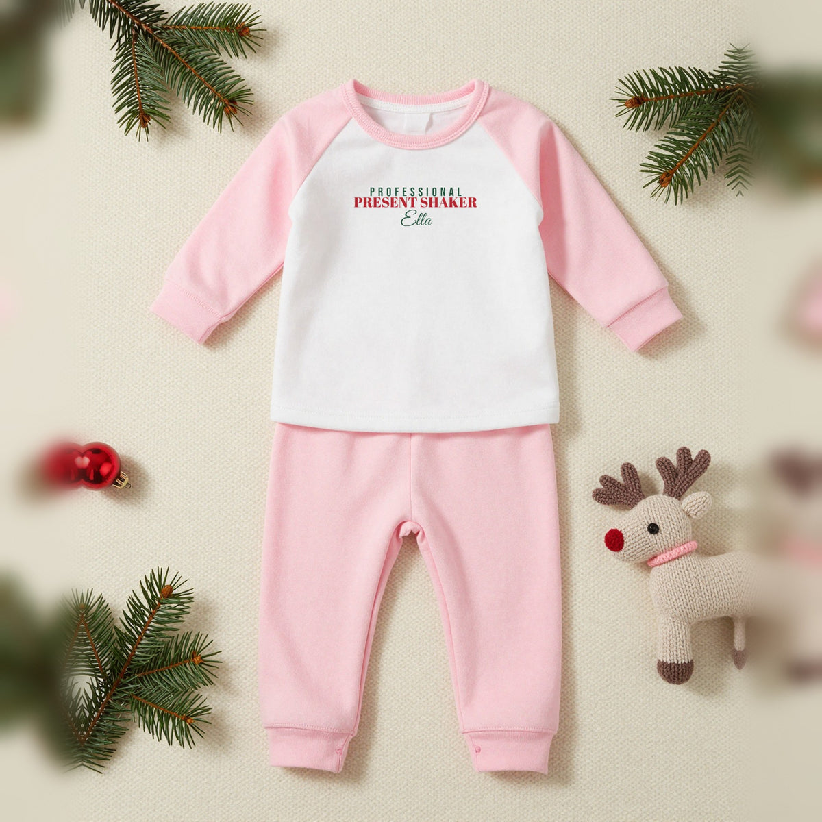 Professional Present Shaker Personalised Matching Family Christmas Pyjamas Set, Baby & Toddler in Pink, our photo