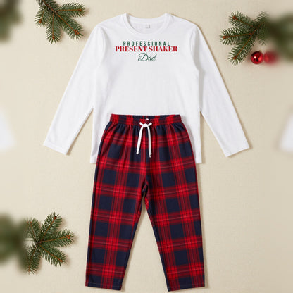 Professional Present Shaker Personalised Matching Family Christmas Pyjamas Set, Adult in White / Red Tartan, our photo