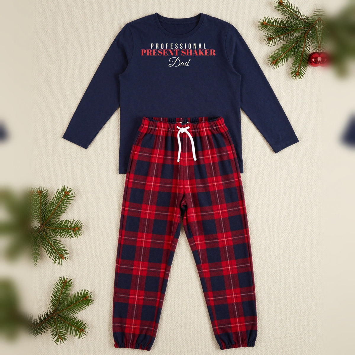 Professional Present Shaker Personalised Matching Family Christmas Pyjamas Set, Adult in Navy / Red Tartan, our photo