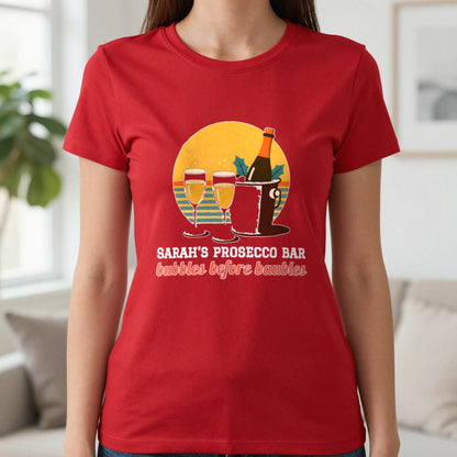 Personalised Prosecco Bar Christmas Jumper & T-Shirt T-Shirt in Red, worn, our photo