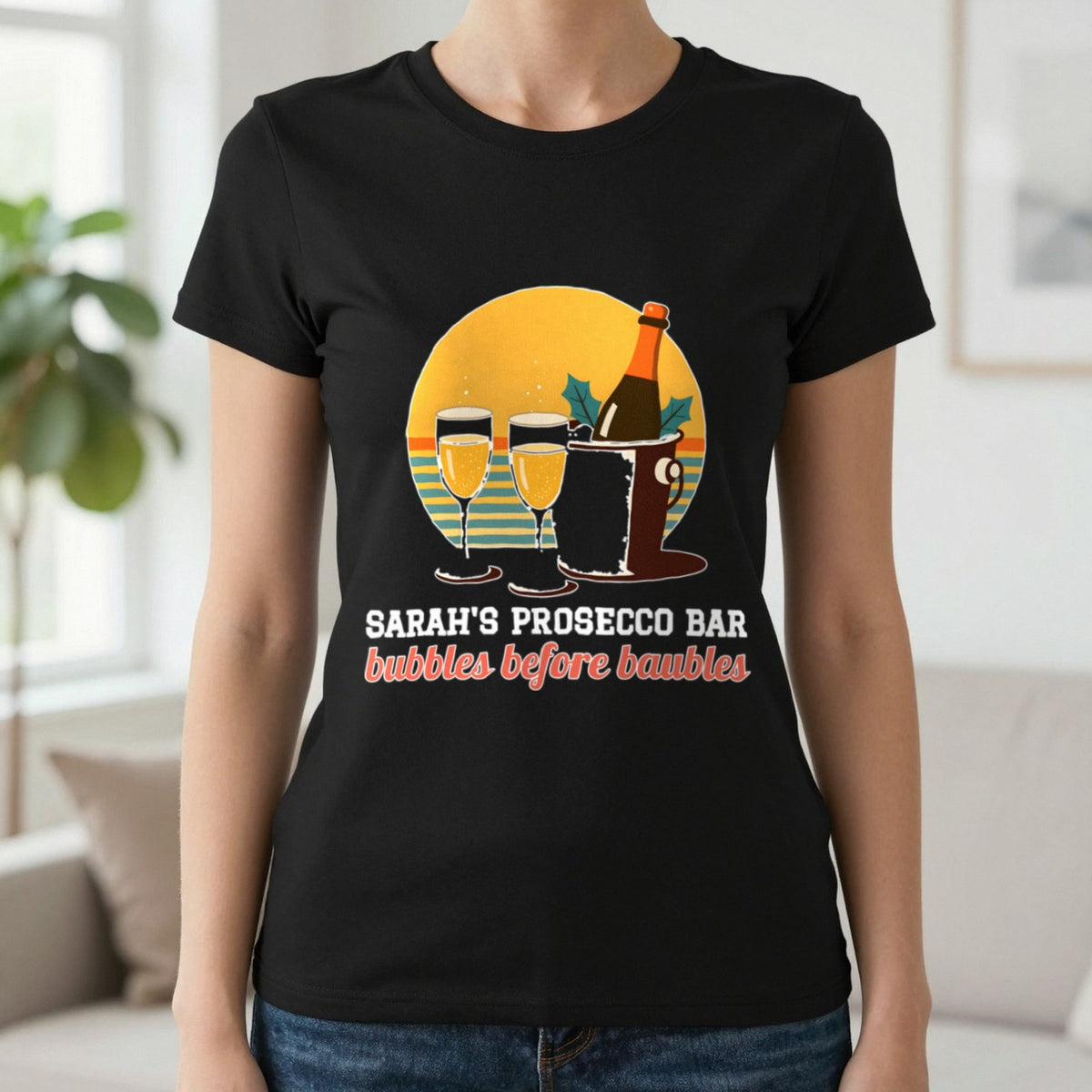 Personalised Prosecco Bar Christmas Jumper & T-Shirt T-Shirt in Black, worn, our photo