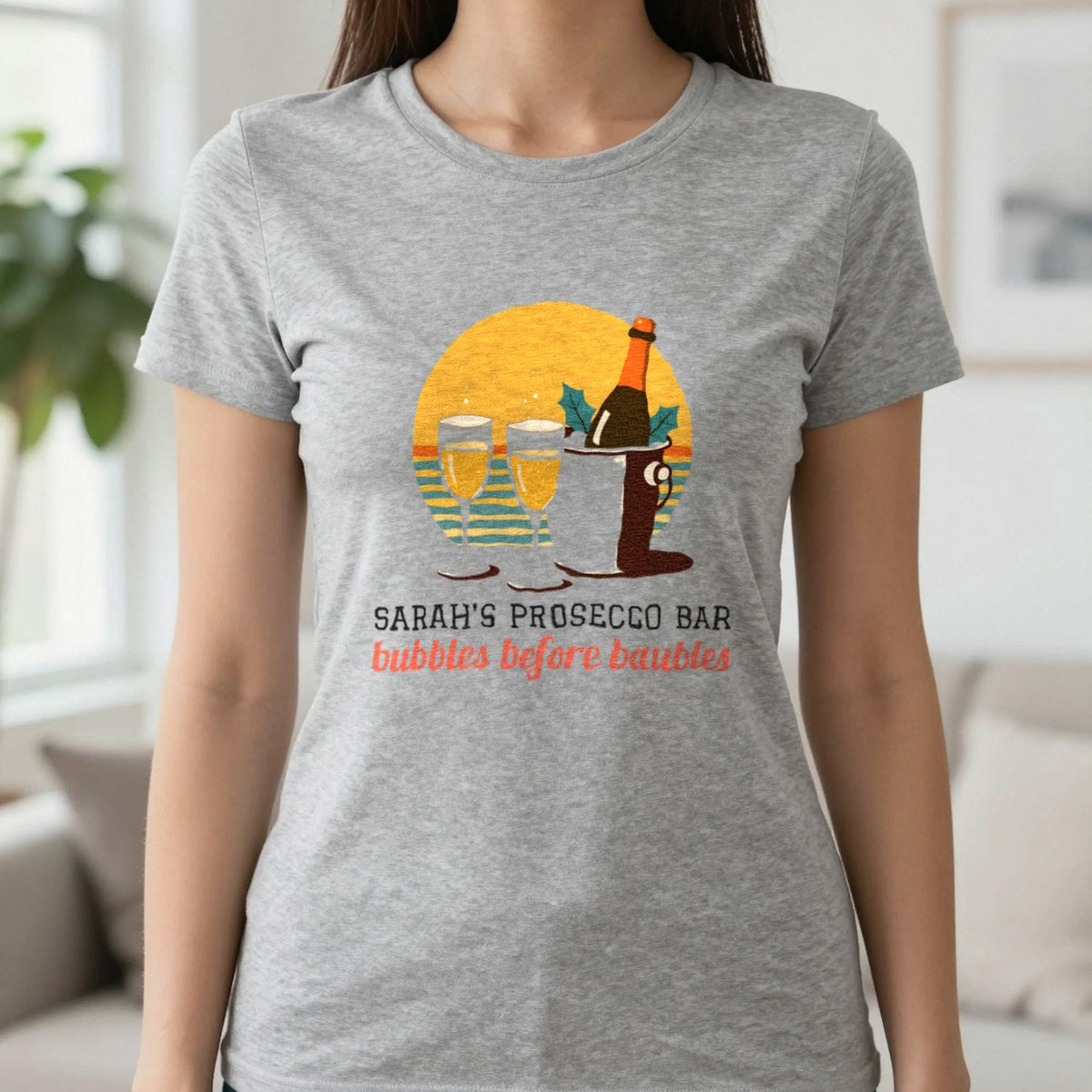 Personalised Prosecco Bar Christmas Jumper & T-Shirt T-Shirt in Sport Grey, worn, our photo