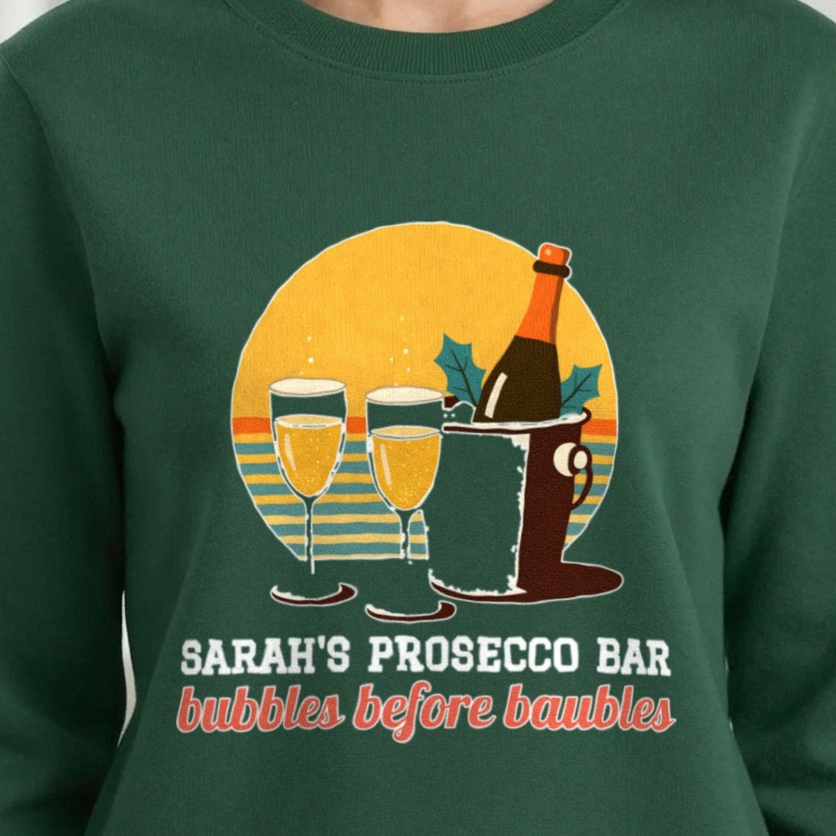 Personalised Prosecco Bar Christmas Jumper & T-Shirt print close-up, our photo