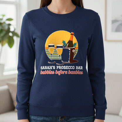 Personalised Prosecco Bar Christmas Jumper & T-Shirt Sweatshirt in Navy, worn, our photo
