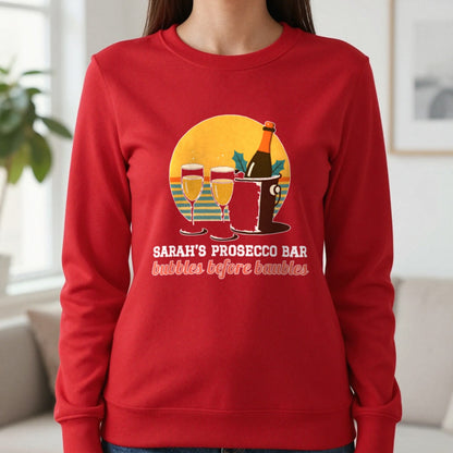 Personalised Prosecco Bar Christmas Jumper & T-Shirt Sweatshirt in Red, worn, our photo
