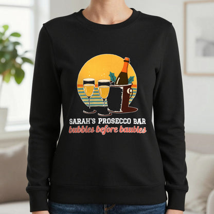 Personalised Prosecco Bar Christmas Jumper & T-Shirt Sweatshirt in Black, worn, our photo