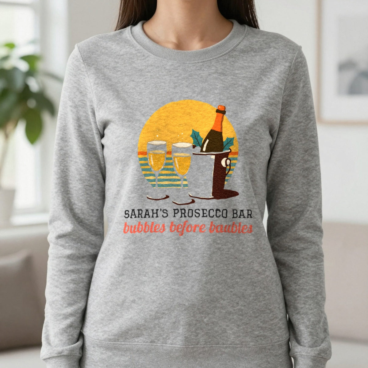 Personalised Prosecco Bar Christmas Jumper & T-Shirt Sweatshirt in Sport Grey, worn, our photo