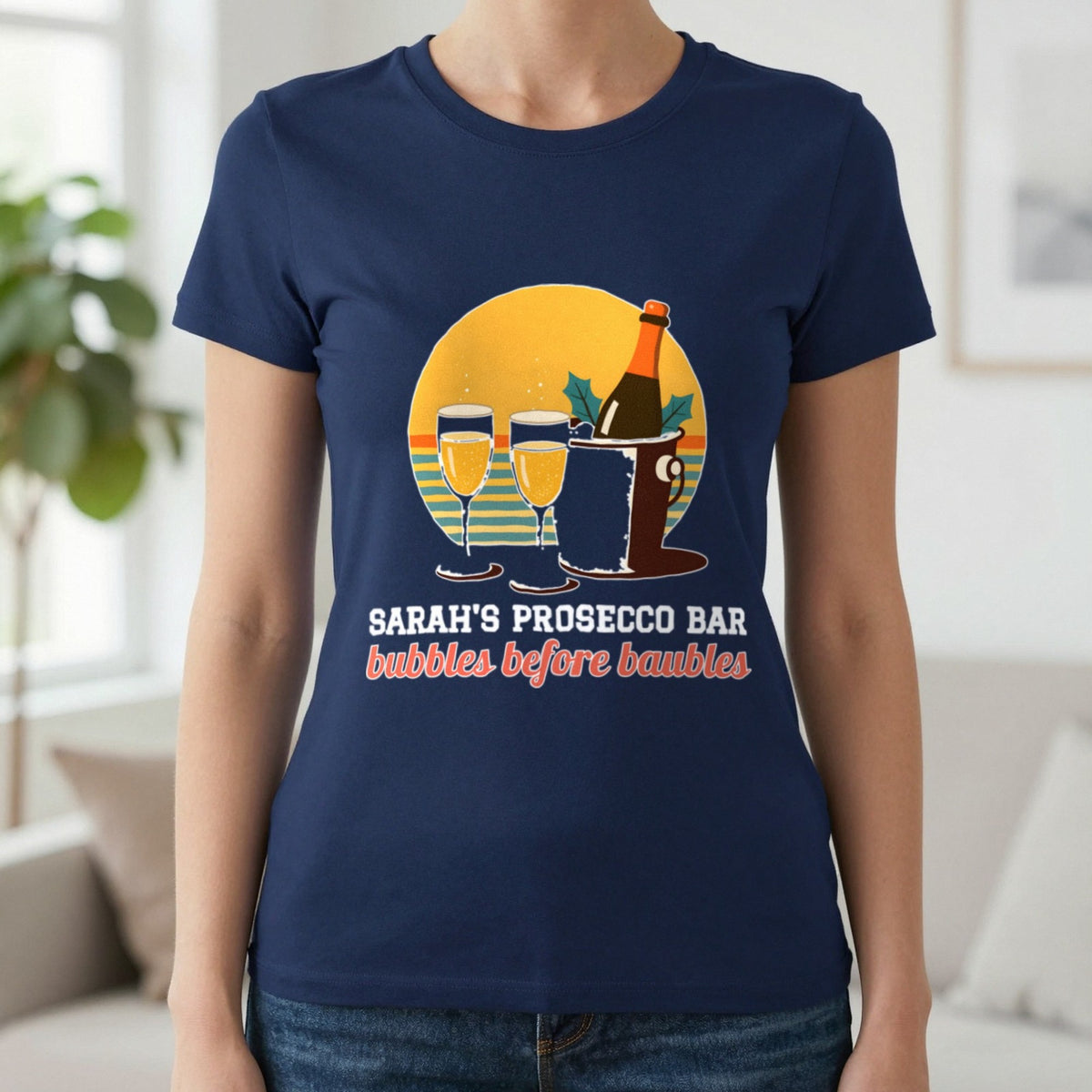 Personalised Prosecco Bar Christmas Jumper & T-Shirt T-Shirt in Navy, worn, our photo