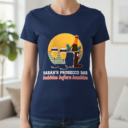 Personalised Prosecco Bar Christmas Jumper & T-Shirt T-Shirt in Navy, worn, our photo