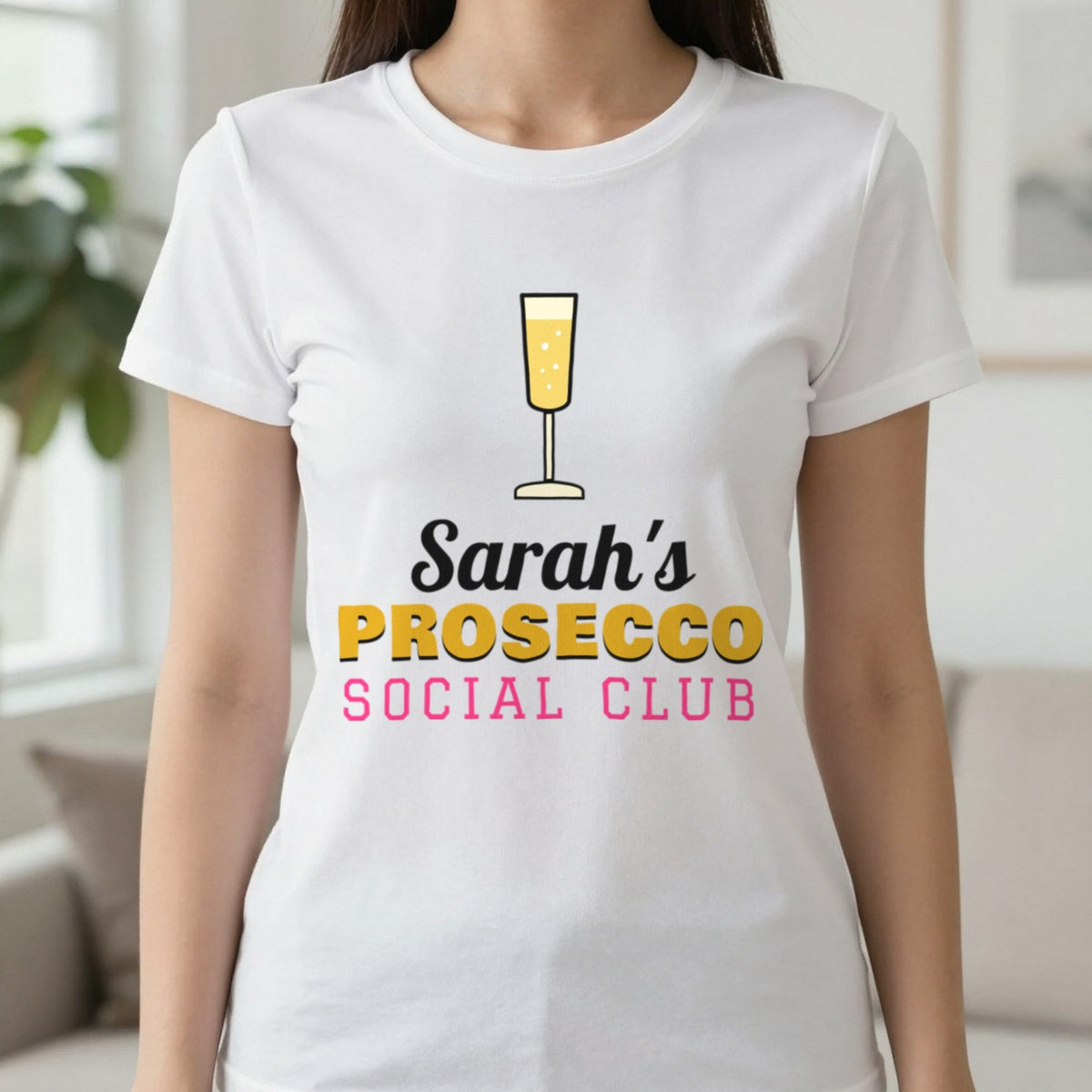 Personalised Prosecco Social Club T-Shirt & Sweatshirt T-Shirt in White, worn, our photo