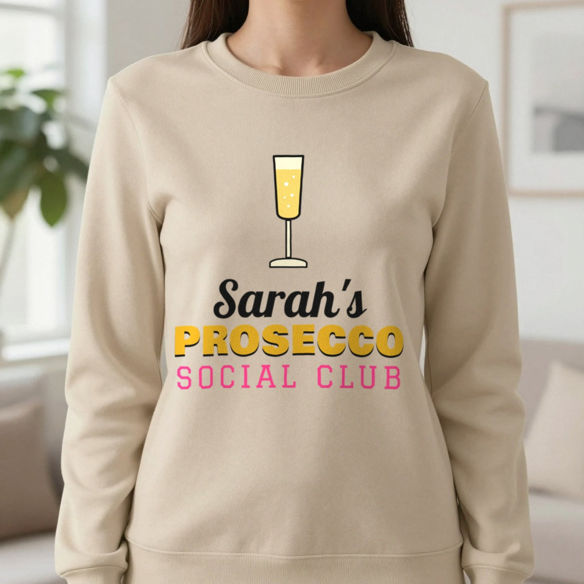 Personalised Prosecco Social Club T-Shirt & Sweatshirt Sweatshirt in Sand, worn, our photo