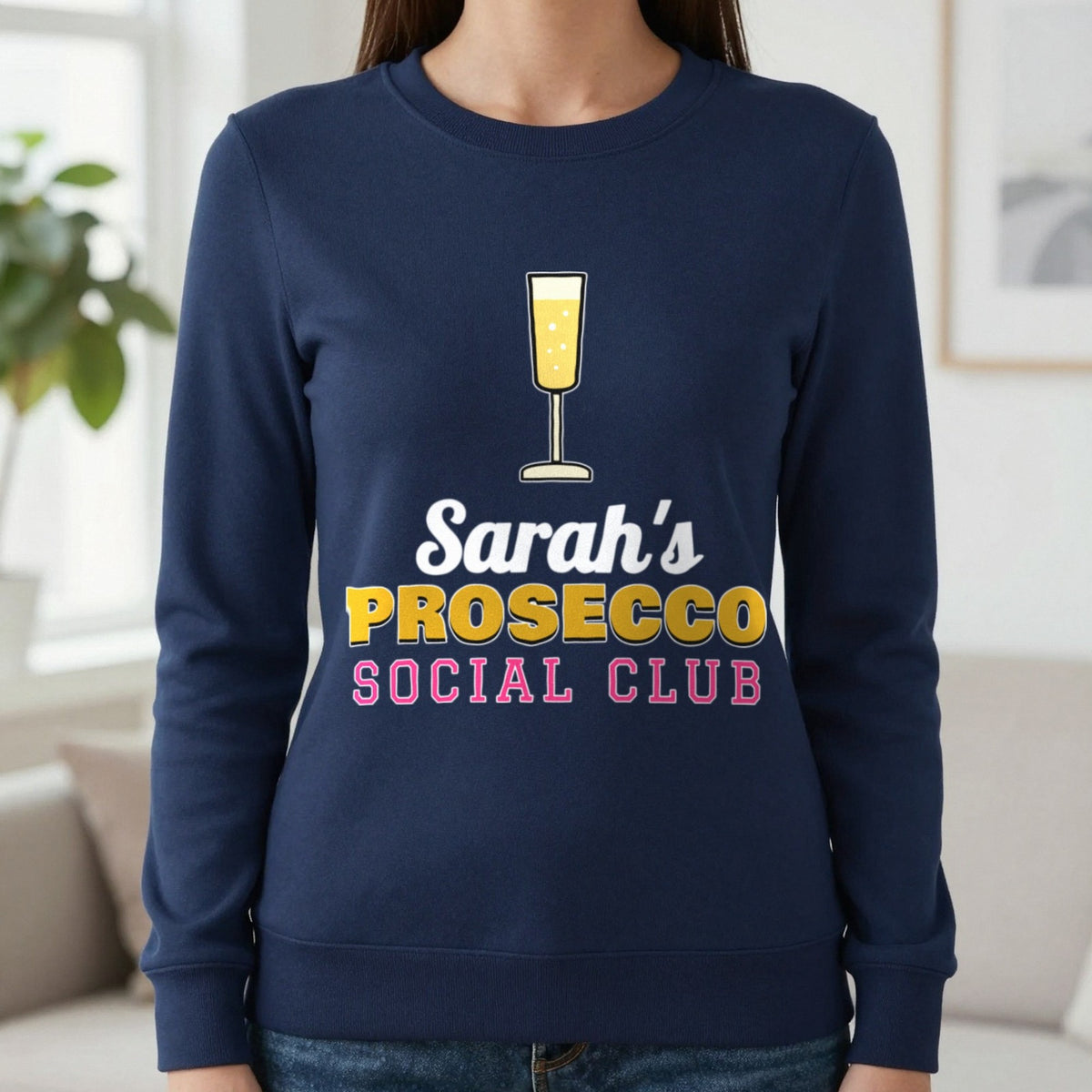 Personalised Prosecco Social Club T-Shirt & Sweatshirt Sweatshirt in Navy, worn, our photo