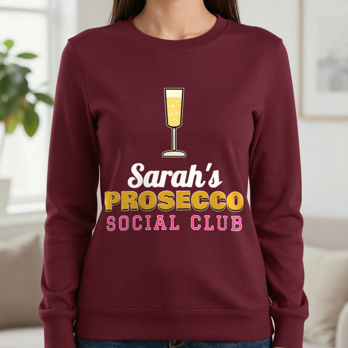 Personalised Prosecco Social Club T-Shirt & Sweatshirt Sweatshirt in Maroon, worn, our photo