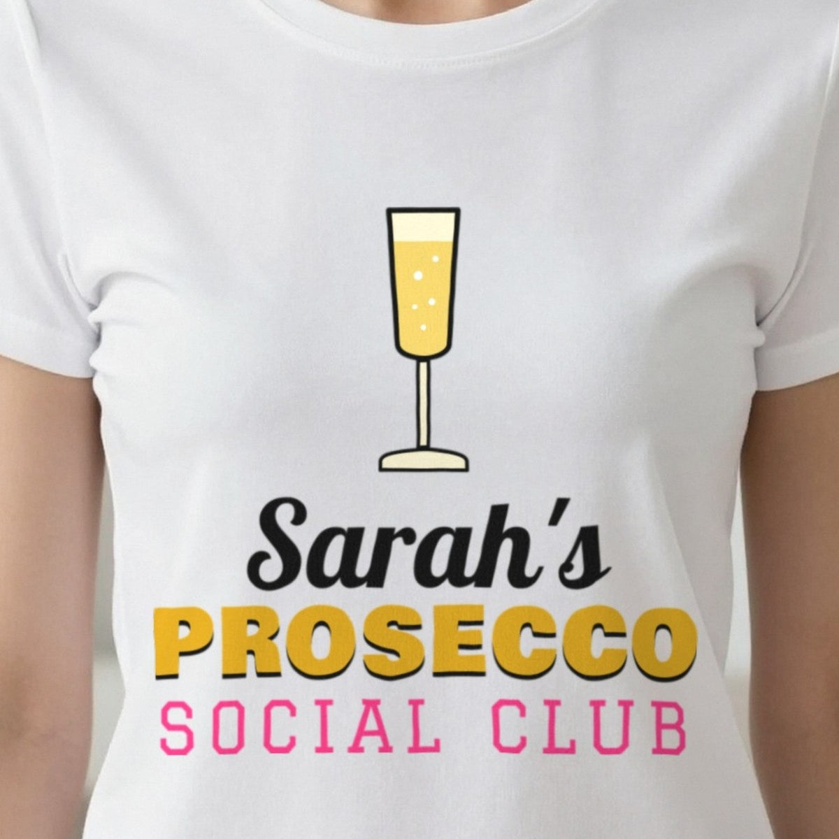 Personalised Prosecco Social Club T-Shirt & Sweatshirt print close-up, our photo