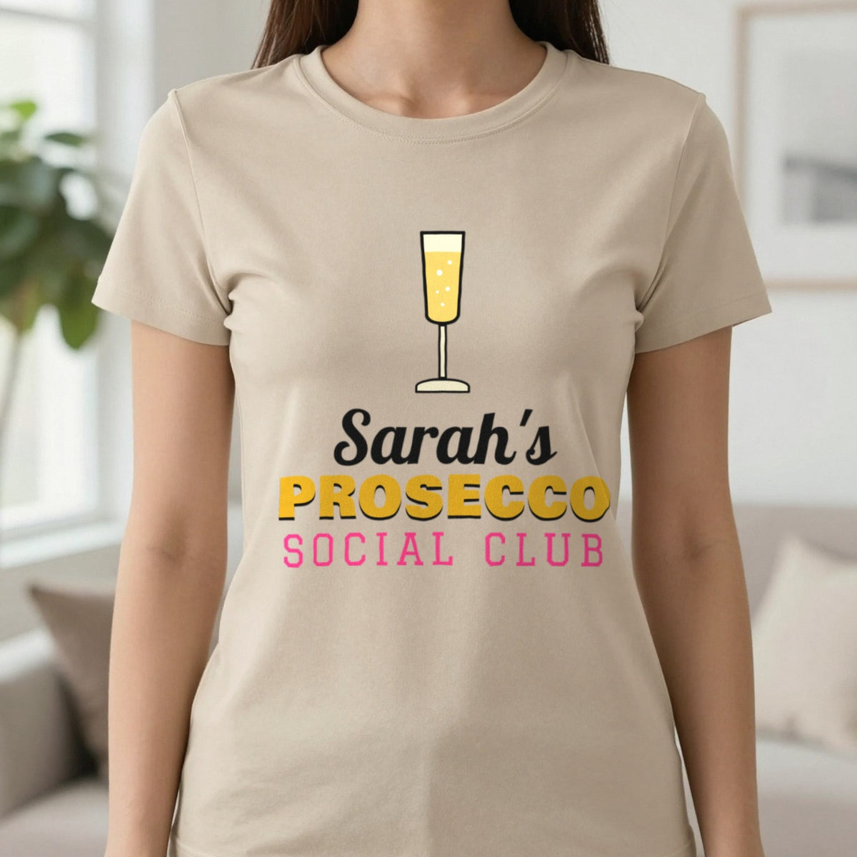 Personalised Prosecco Social Club T-Shirt & Sweatshirt T-Shirt in Sand, worn, our photo