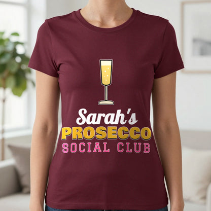 Personalised Prosecco Social Club T-Shirt & Sweatshirt T-Shirt in Maroon, worn, our photo