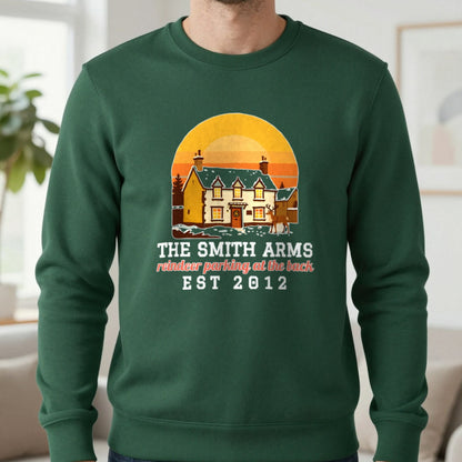 Personalised Christmas Pub Jumper & T-Shirt Sweatshirt in Forest Green, worn, our photo
