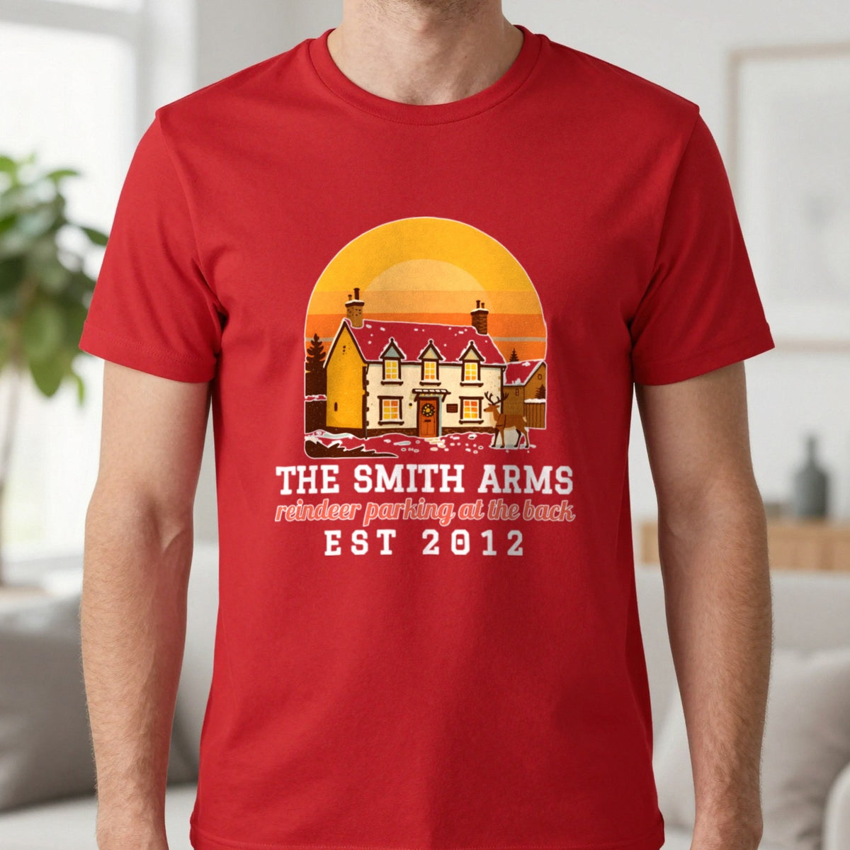 Personalised Christmas Pub Jumper & T-Shirt T-Shirt in Red, worn, our photo