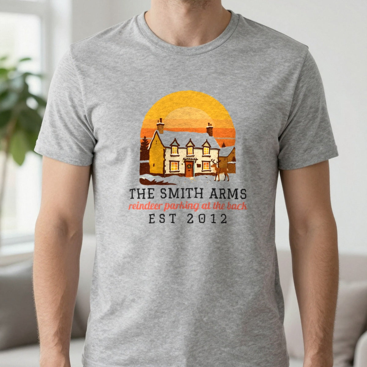 Personalised Christmas Pub Jumper & T-Shirt T-Shirt in Sport Grey, worn, our photo