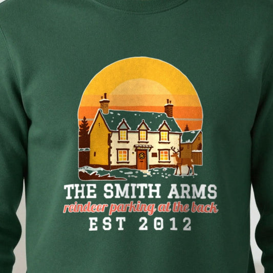 Personalised Christmas Pub Jumper & T-Shirt print close-up, our photo