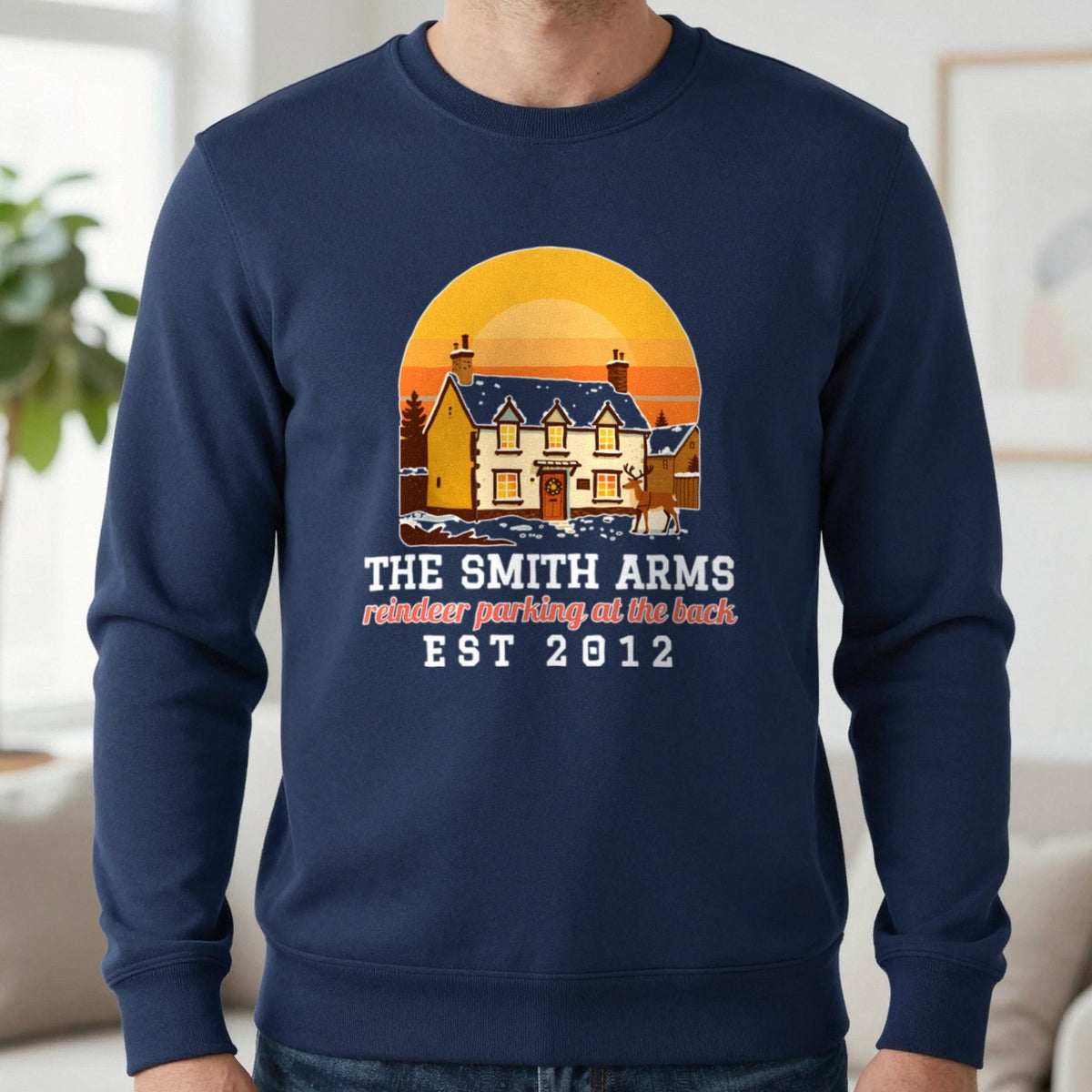 Personalised Christmas Pub Jumper & T-Shirt Sweatshirt in Navy, worn, our photo