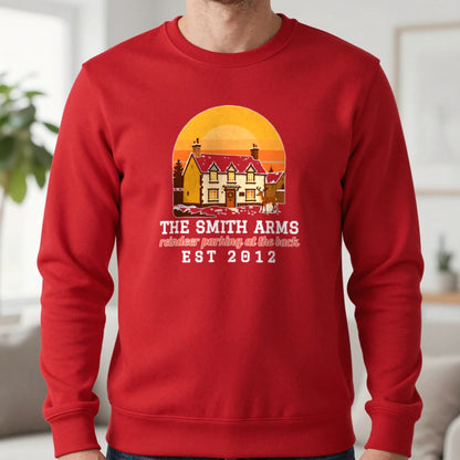 Personalised Christmas Pub Jumper & T-Shirt Sweatshirt in Red, worn, our photo