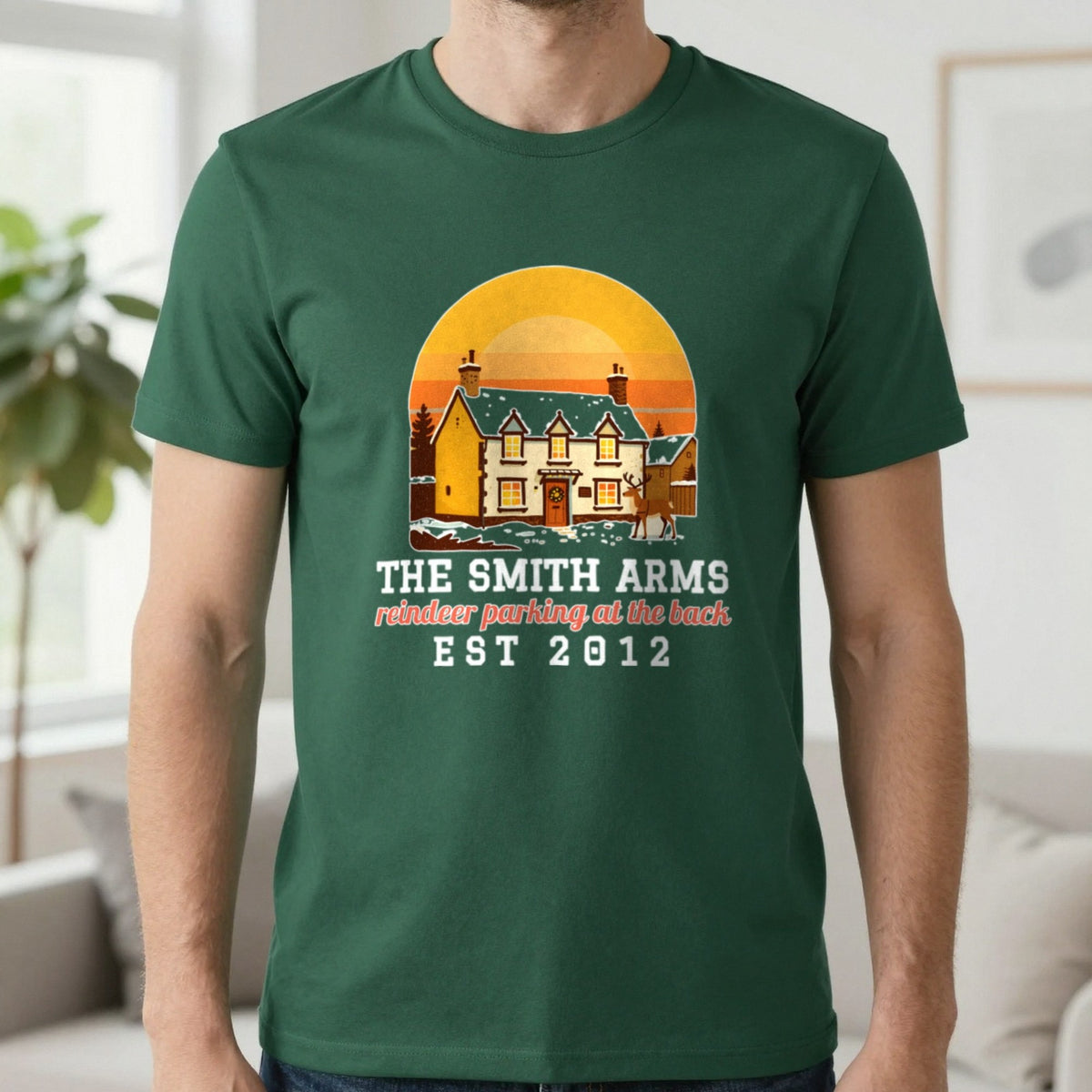 Personalised Christmas Pub Jumper & T-Shirt T-Shirt in Forest Green, worn, our photo