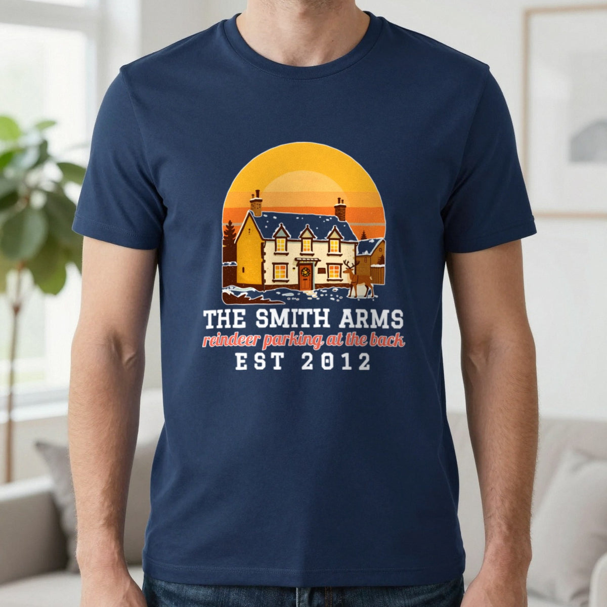 Personalised Christmas Pub Jumper & T-Shirt T-Shirt in Navy, worn, our photo