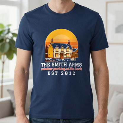 Personalised Christmas Pub Jumper & T-Shirt T-Shirt in Navy, worn, our photo